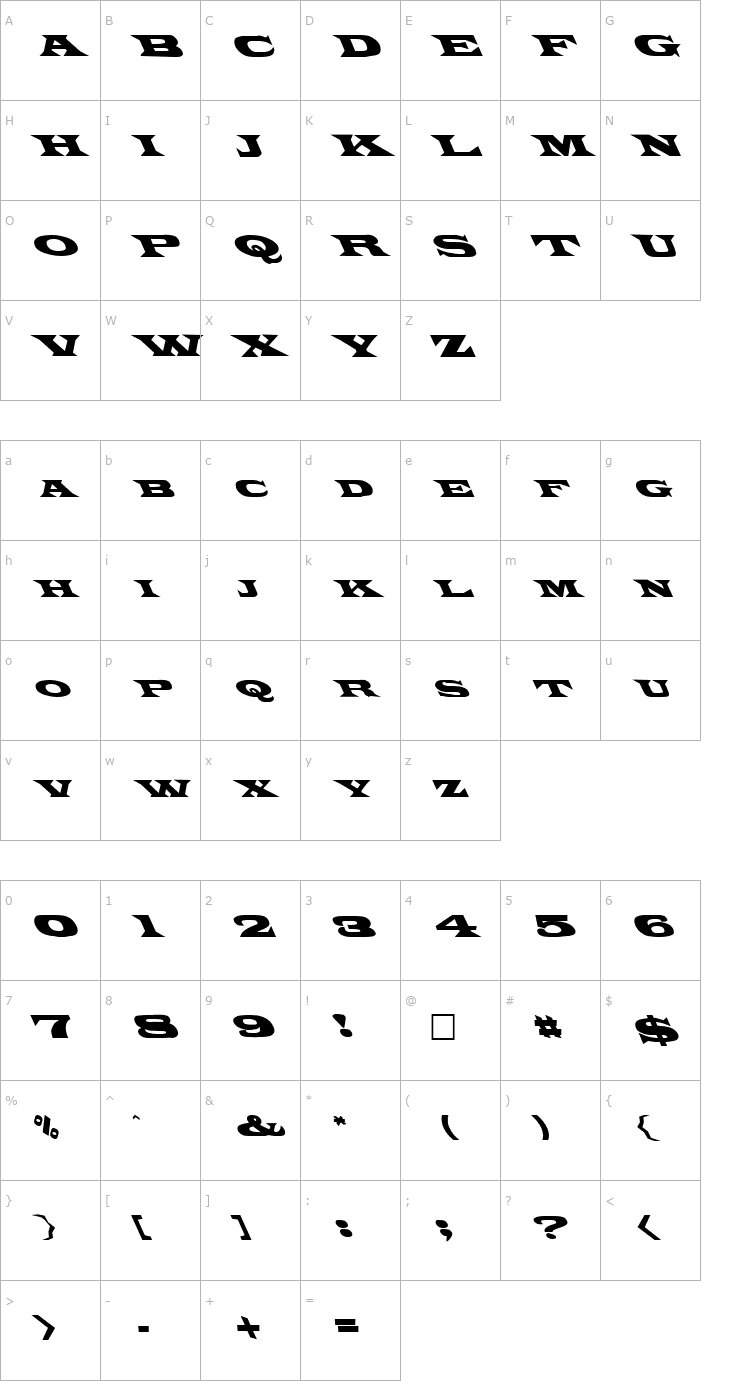 Character Map FZ JAZZY 26 LEFTY Font