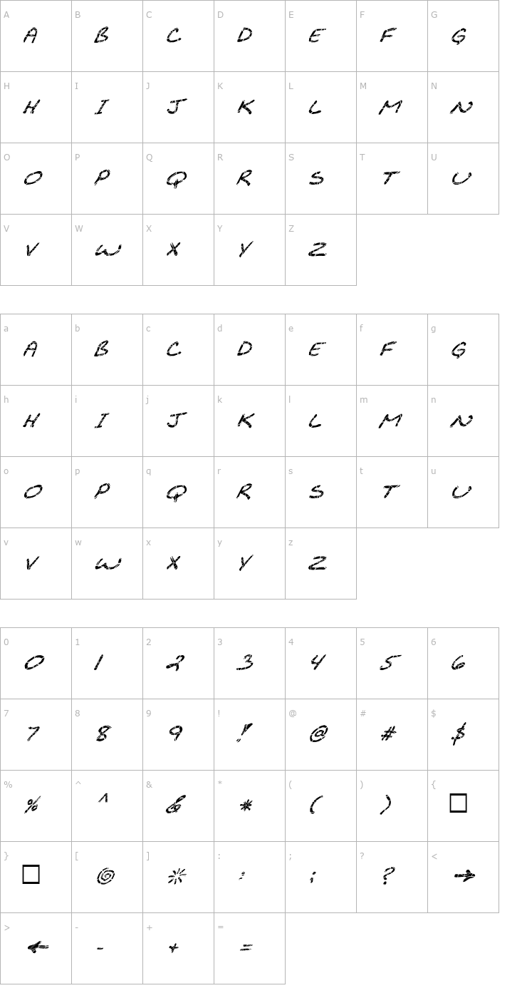 Character Map FZ JAZZY 29 CRACKED ITALIC Font