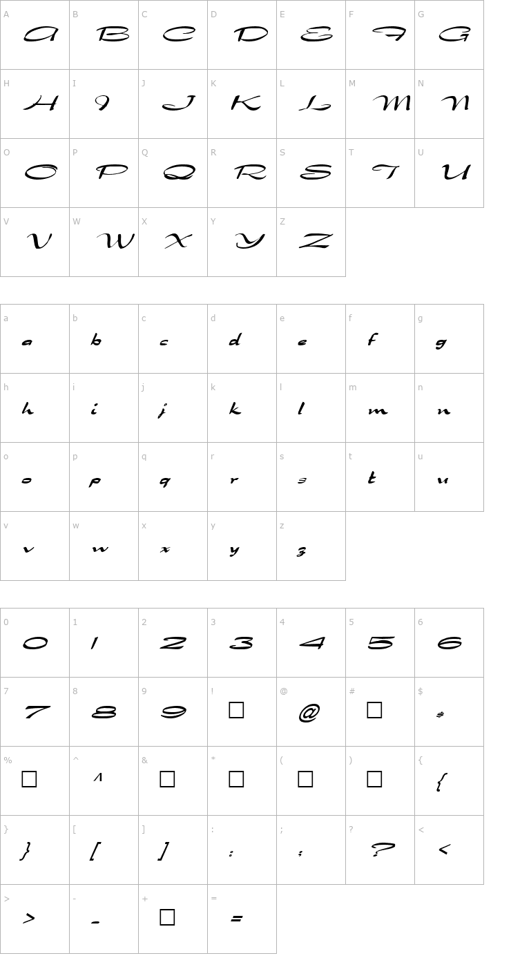 Character Map FZ JAZZY 30 ITALIC Font