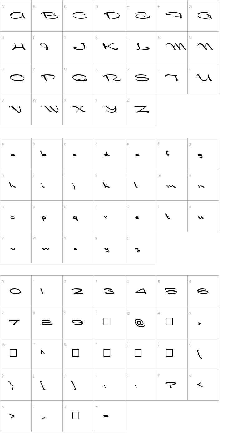 Character Map FZ JAZZY 30 LEFTY Font