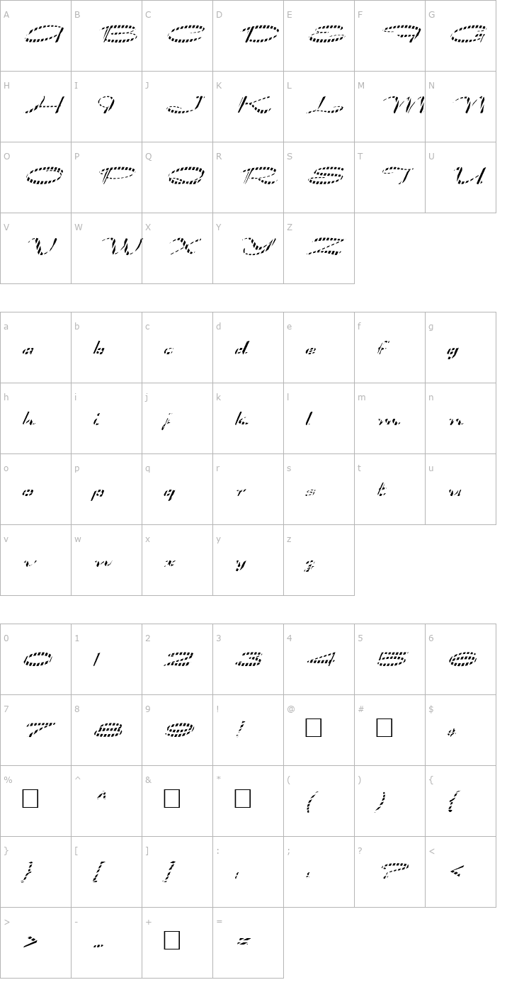 Character Map FZ JAZZY 30 STRIPED ITALIC Font
