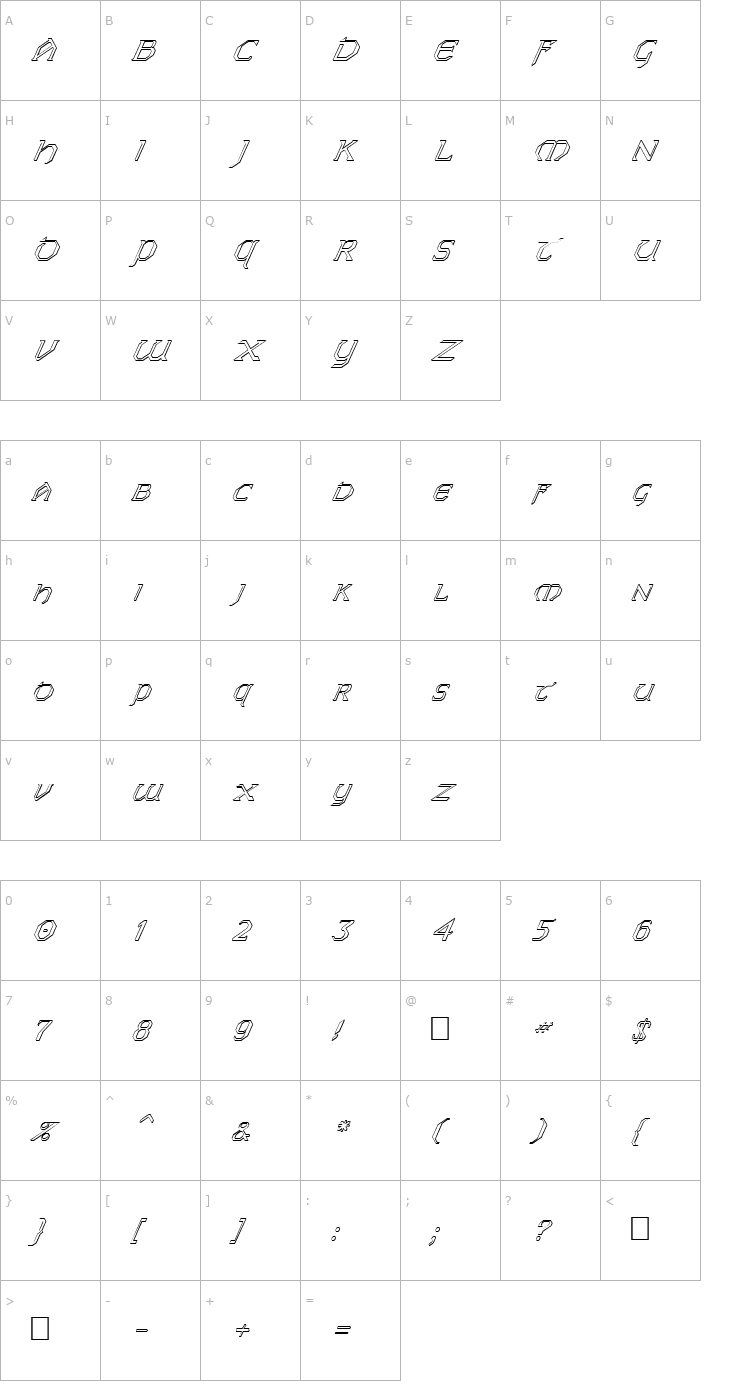 Character Map FZ JAZZY 31 3D ITALIC Font