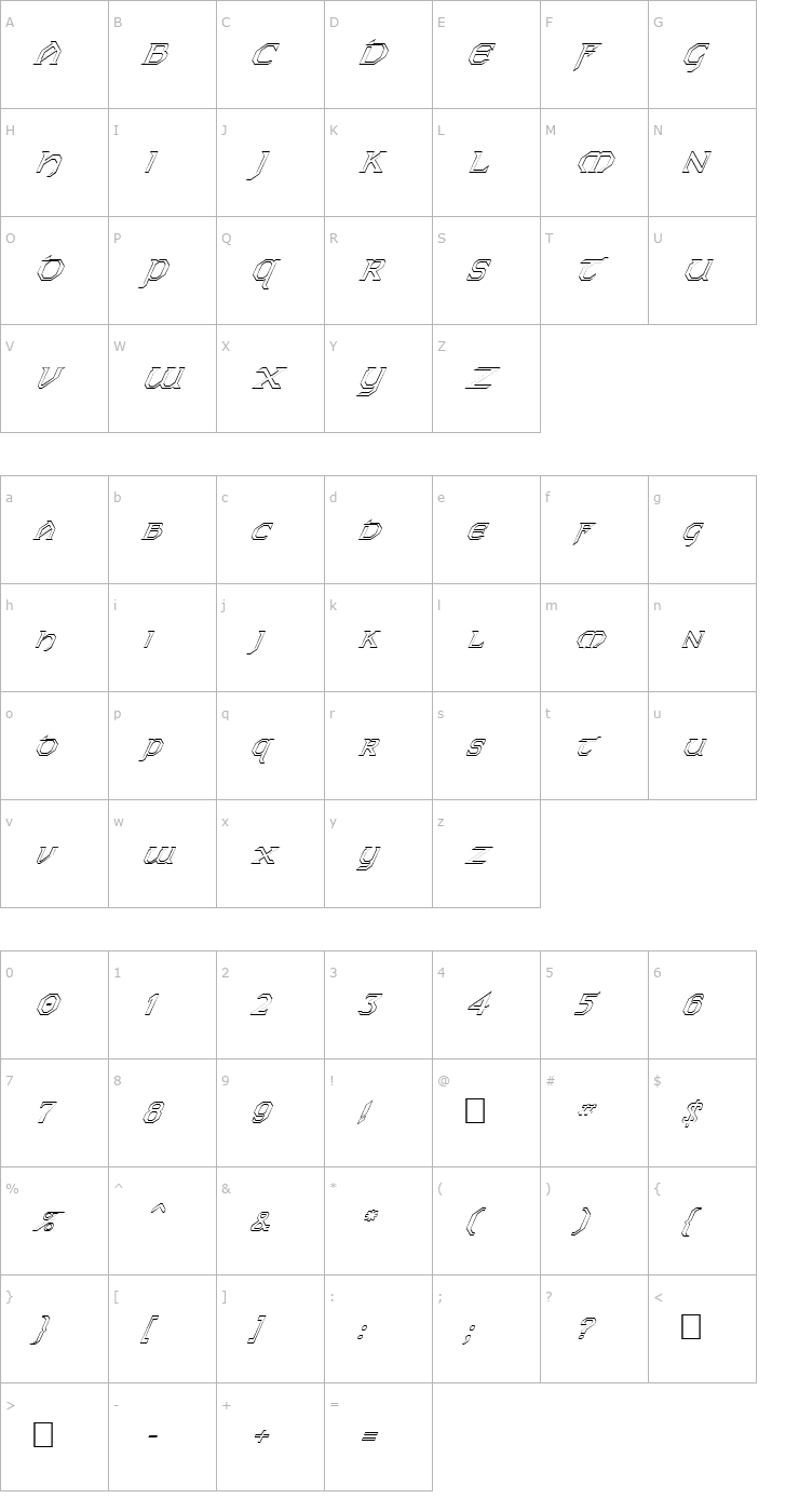 Character Map FZ JAZZY 31 HOLLOW ITALIC Font