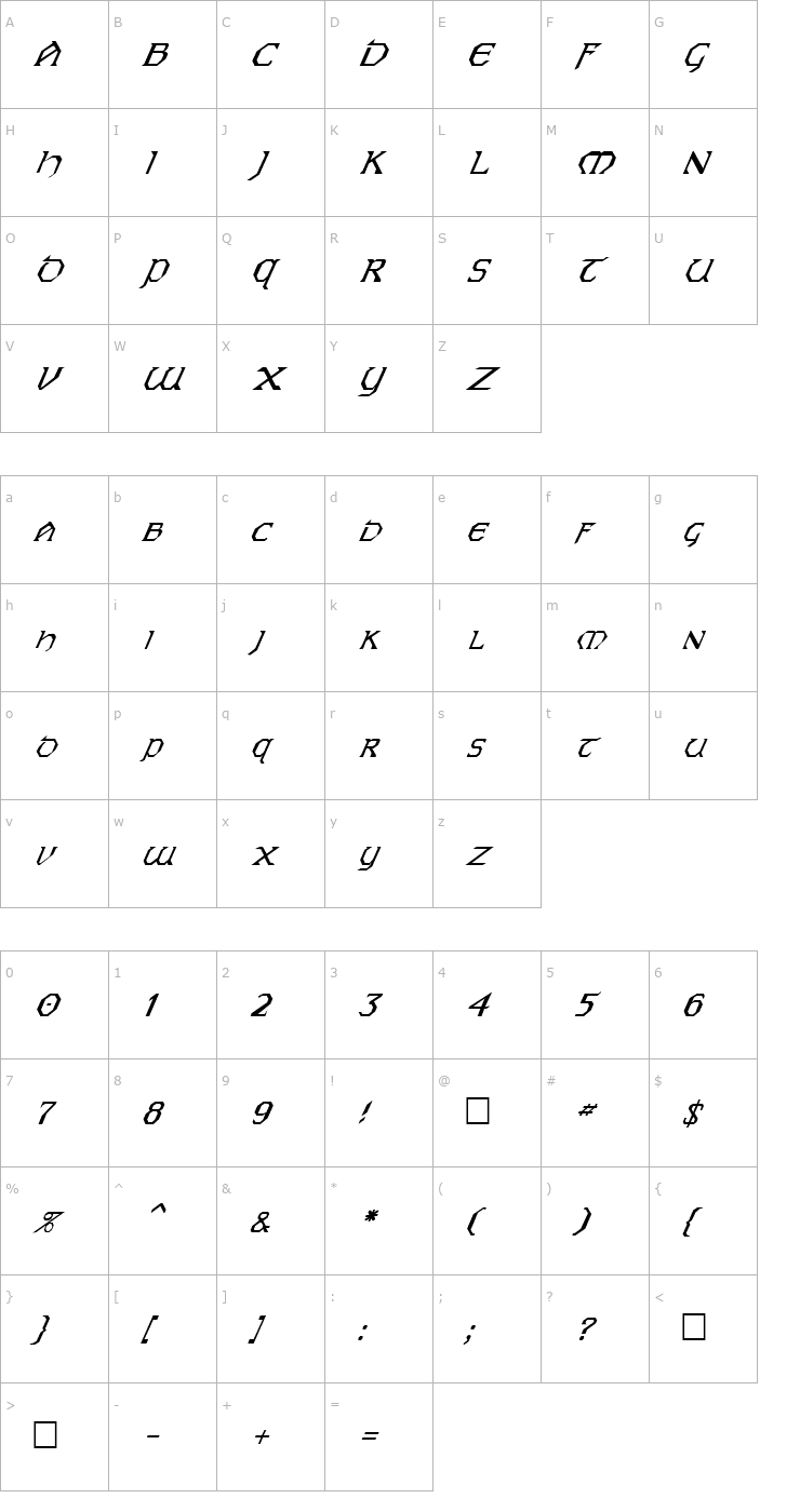 Character Map FZ JAZZY 31 ITALIC Font