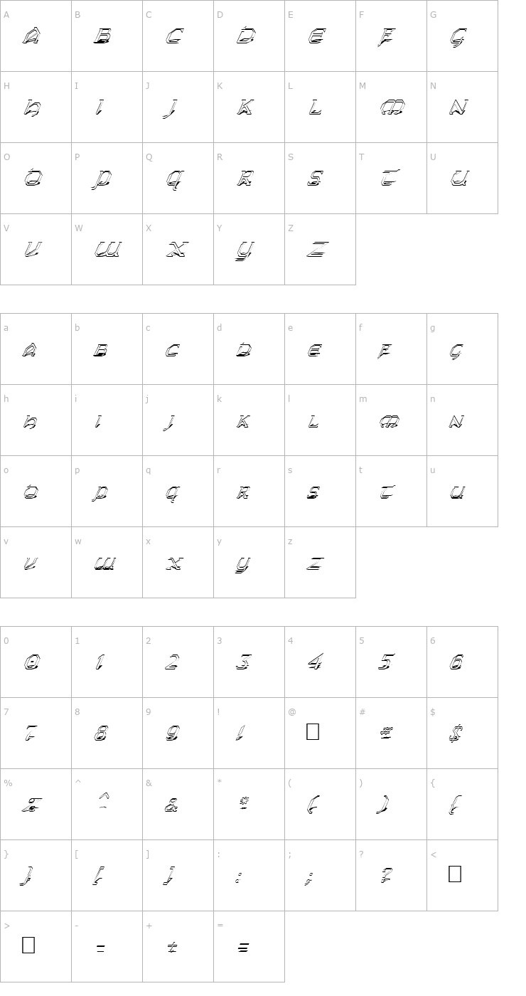 Character Map FZ JAZZY 31 SHADOW ITALIC Font