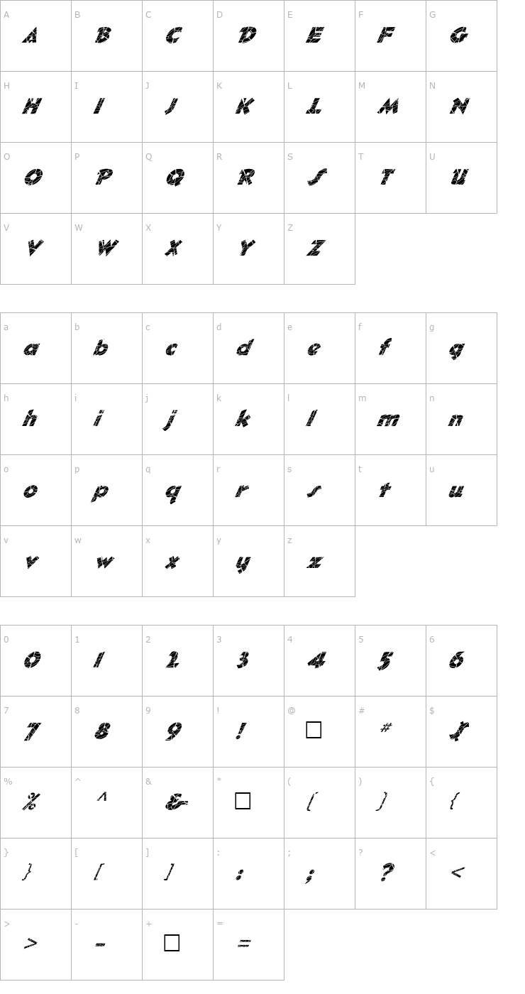Character Map FZ JAZZY 32 CRACKED ITALIC Font