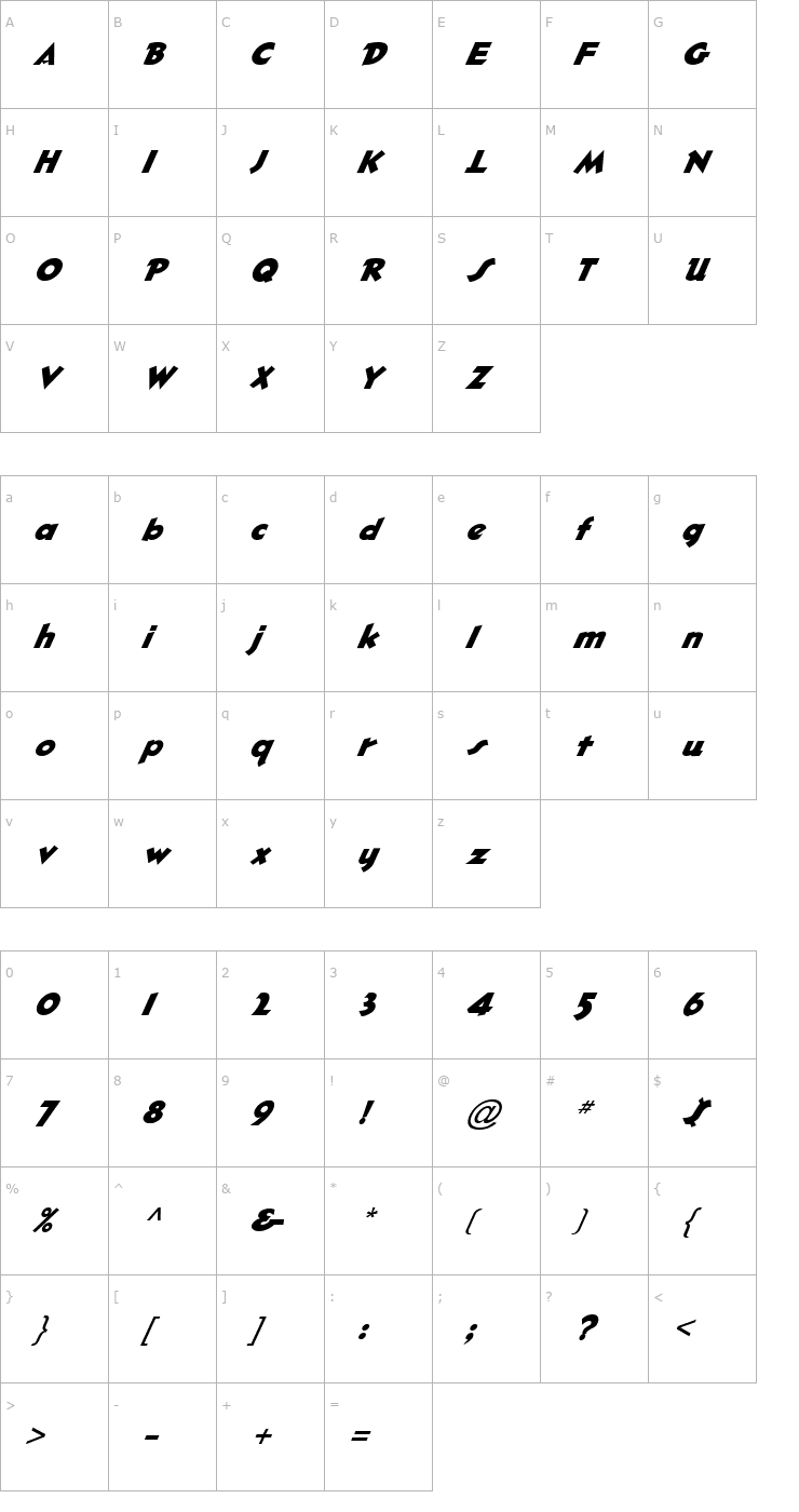 Character Map FZ JAZZY 32 ITALIC Font