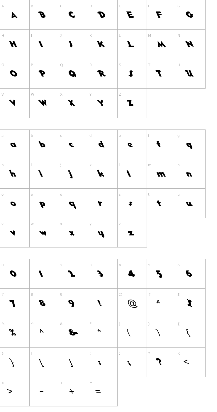 Character Map FZ JAZZY 32 LEFTY Font