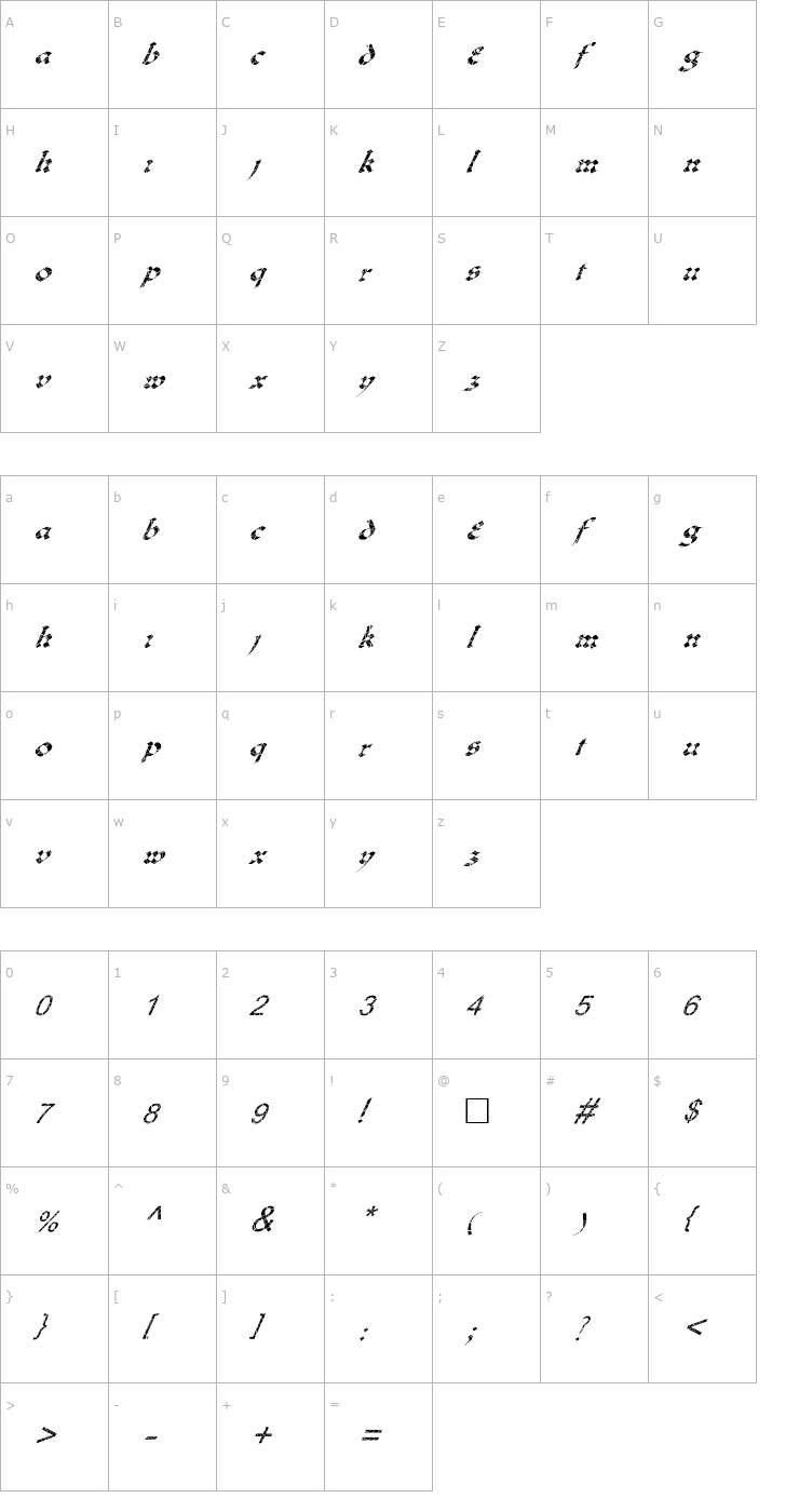 Character Map FZ JAZZY 33 CRACKED ITALIC Font