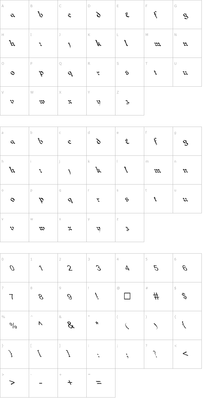 Character Map FZ JAZZY 33 CRACKED LEFTY Font