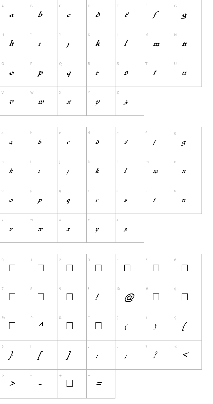 Character Map FZ JAZZY 33 ITALIC Font