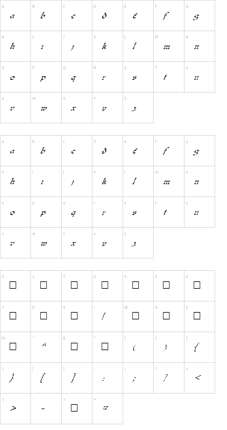 Character Map FZ JAZZY 33 STRIPED ITALIC Font