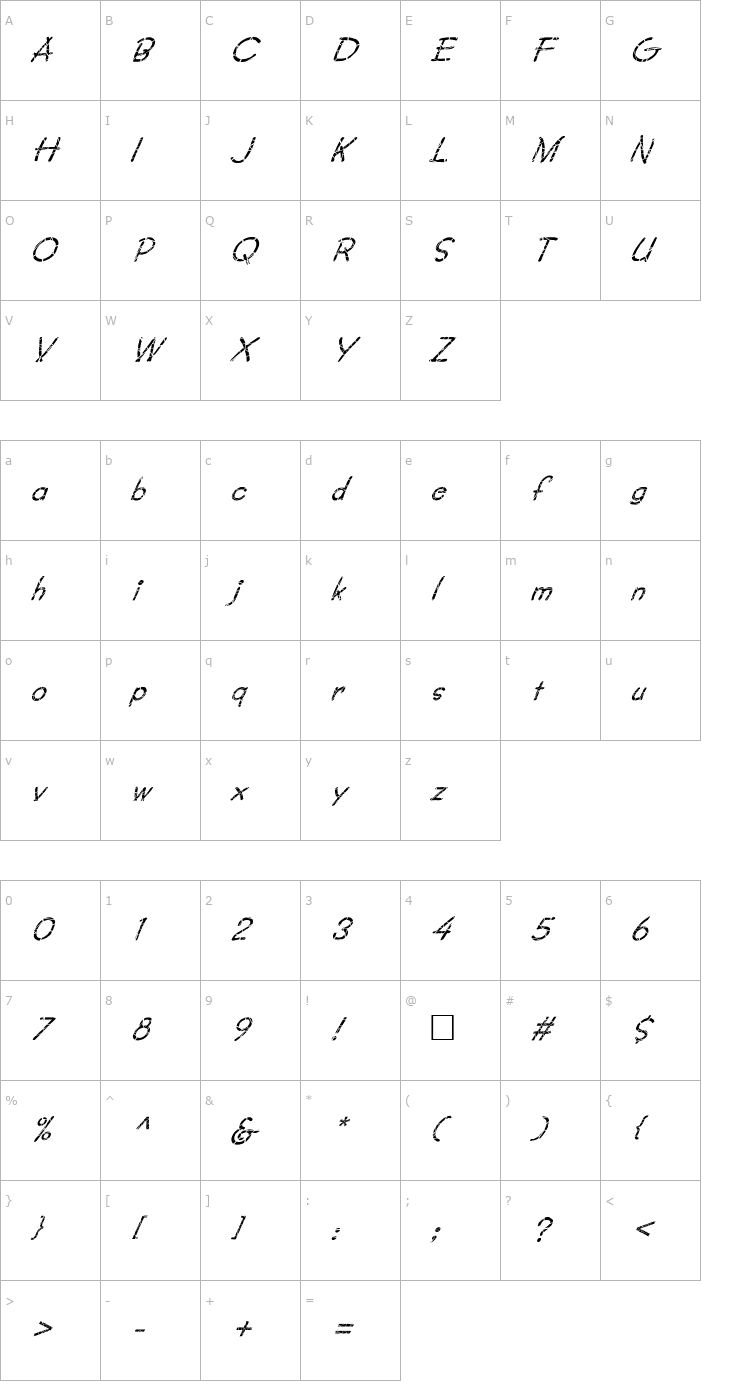 Character Map FZ JAZZY 34 CRACKED ITALIC Font