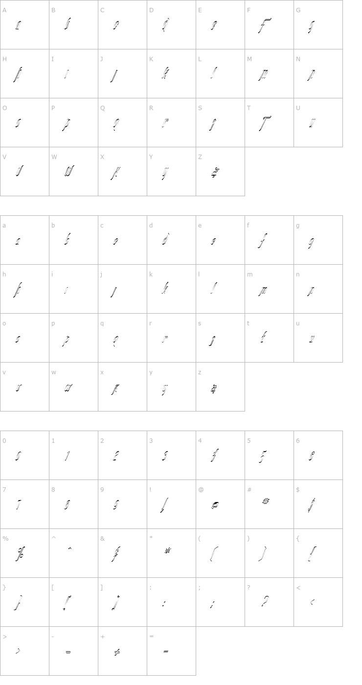 Character Map FZ JAZZY 35 HOLLOW ITALIC Font