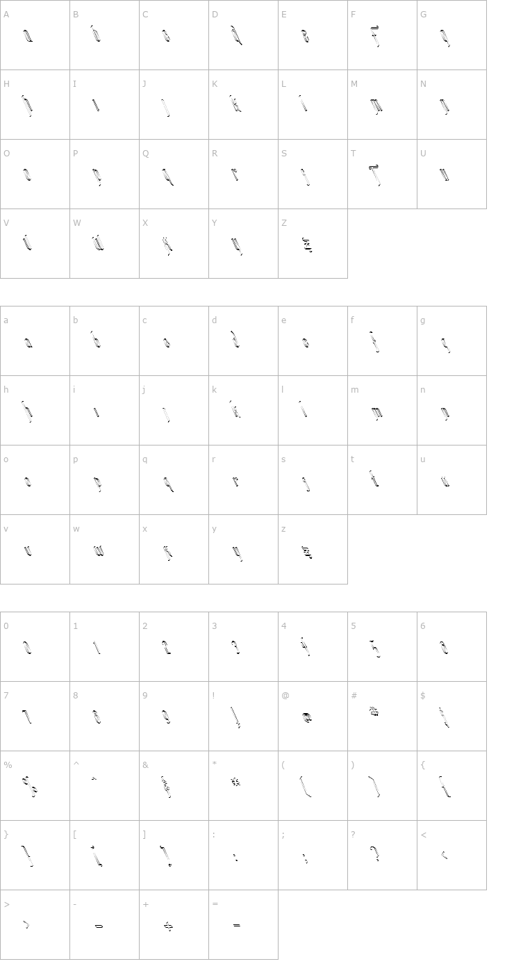 Character Map FZ JAZZY 35 HOLLOW LEFTY Font