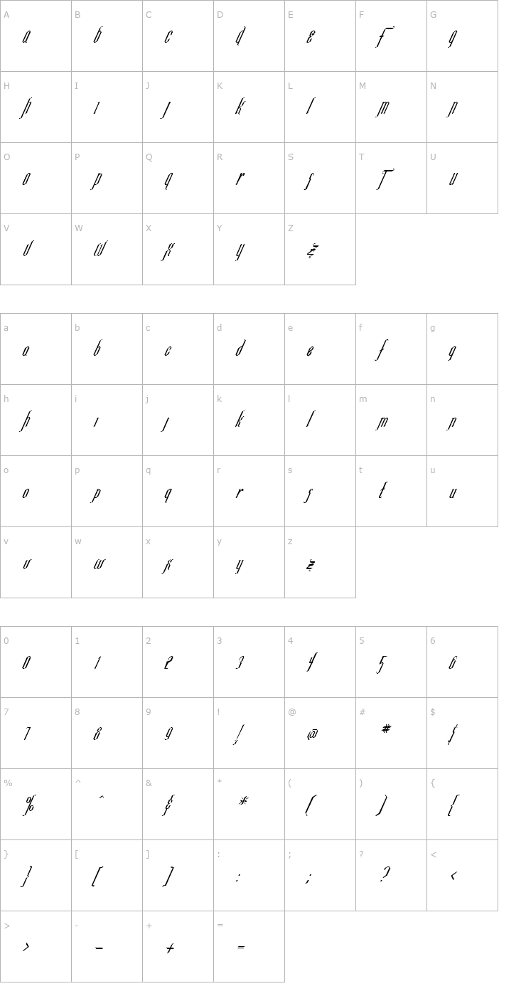 Character Map FZ JAZZY 35 ITALIC Font