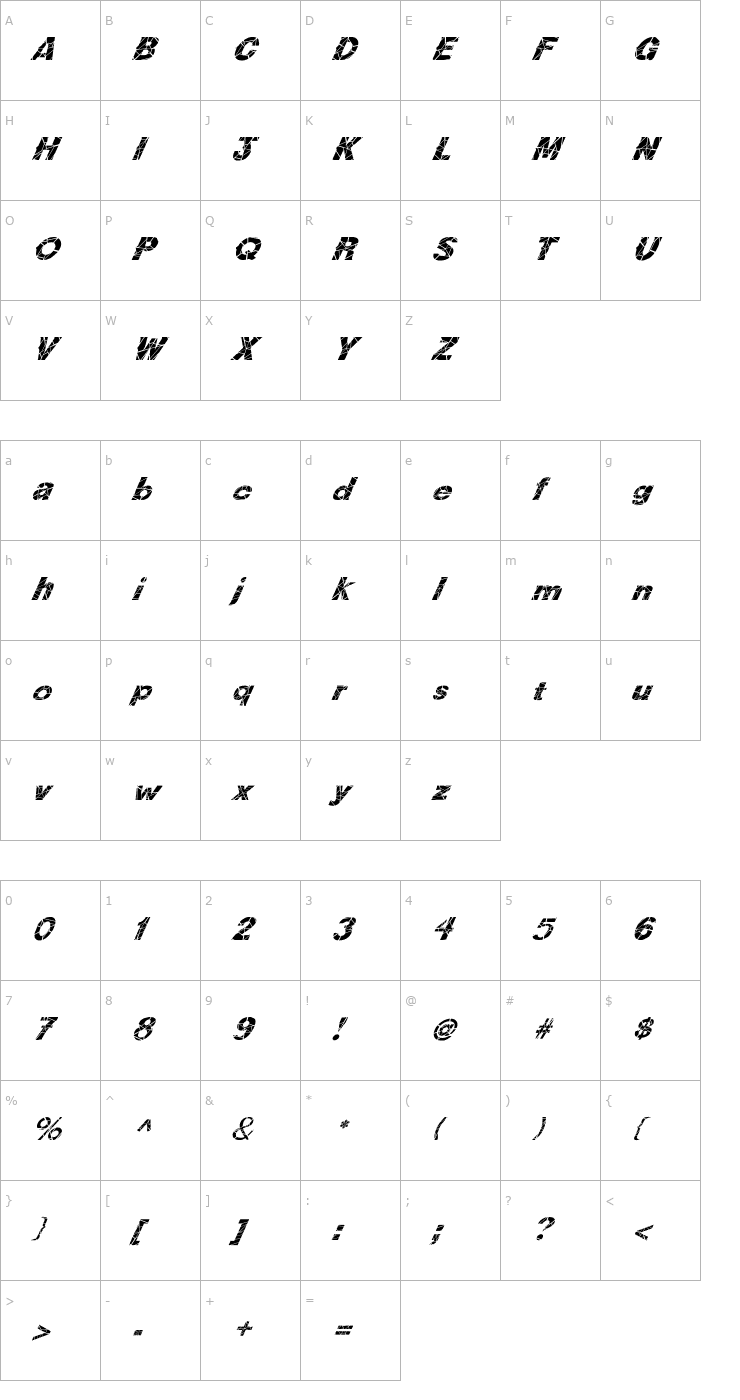 Character Map FZ JAZZY 36 CRACKED ITALIC Font
