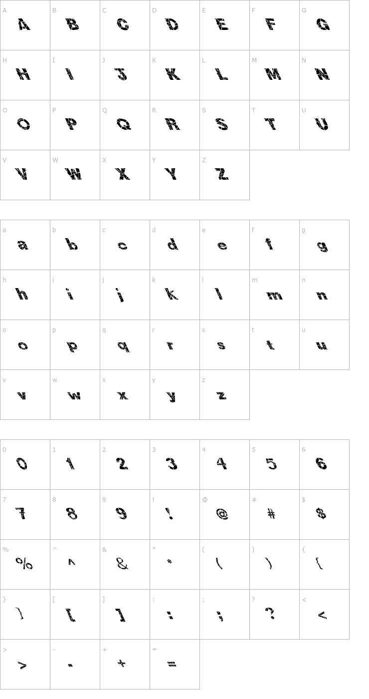 Character Map FZ JAZZY 36 CRACKED LEFTY Font