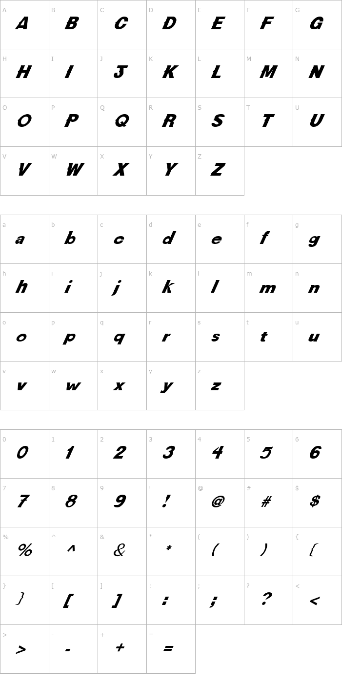 Character Map FZ JAZZY 36 ITALIC Font