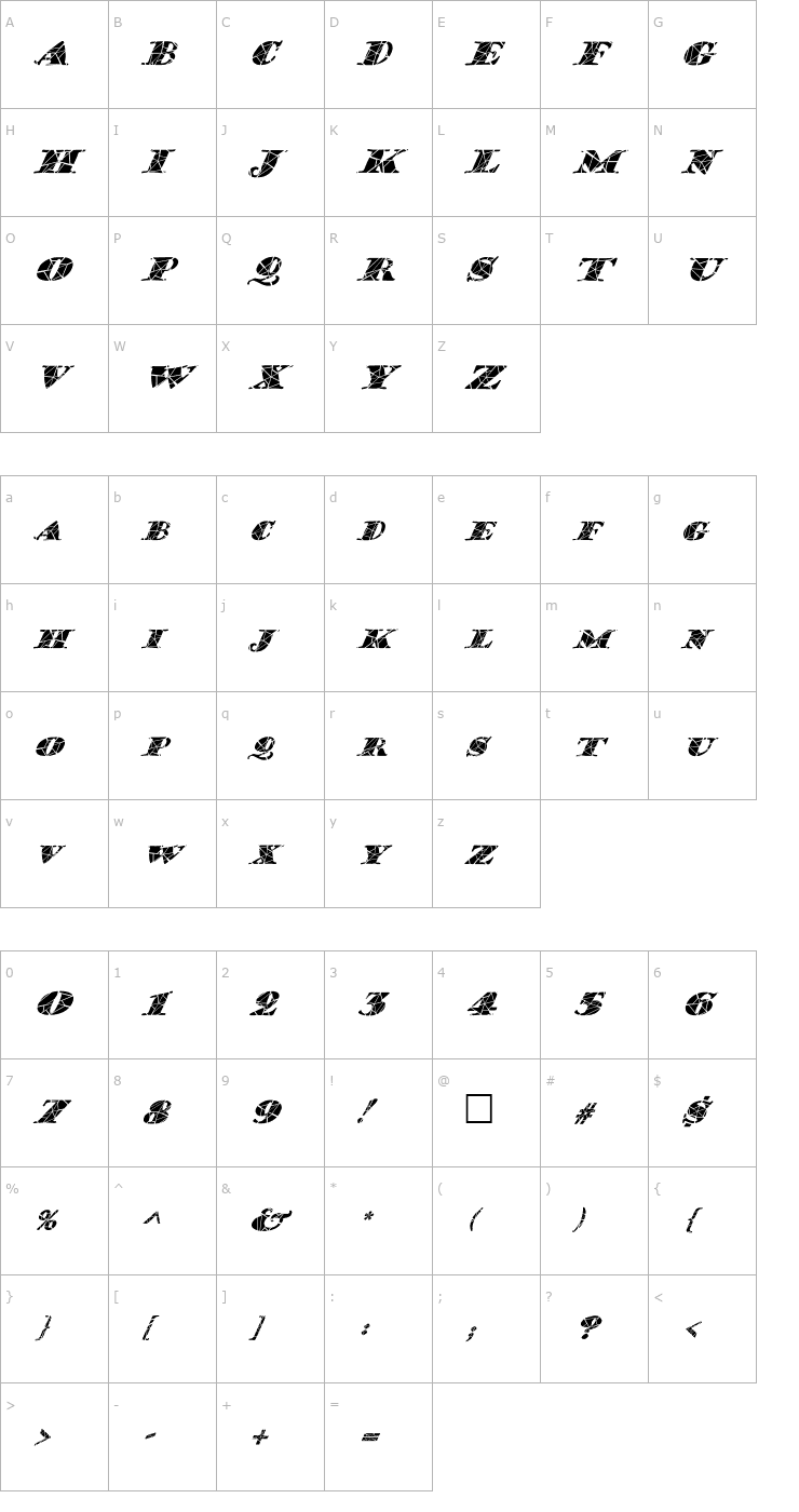 Character Map FZ JAZZY 38 CRACKED ITALIC Font