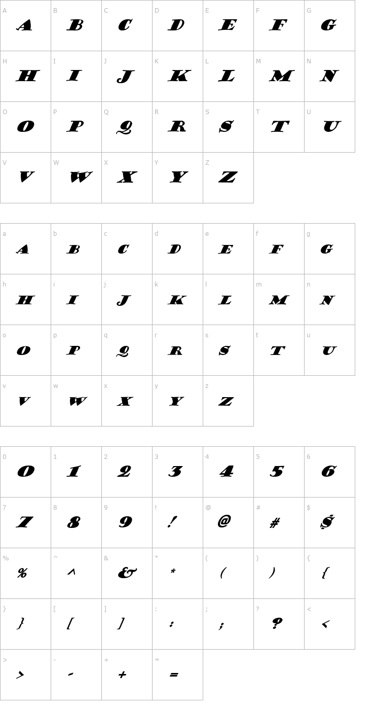Character Map FZ JAZZY 38 ITALIC Font