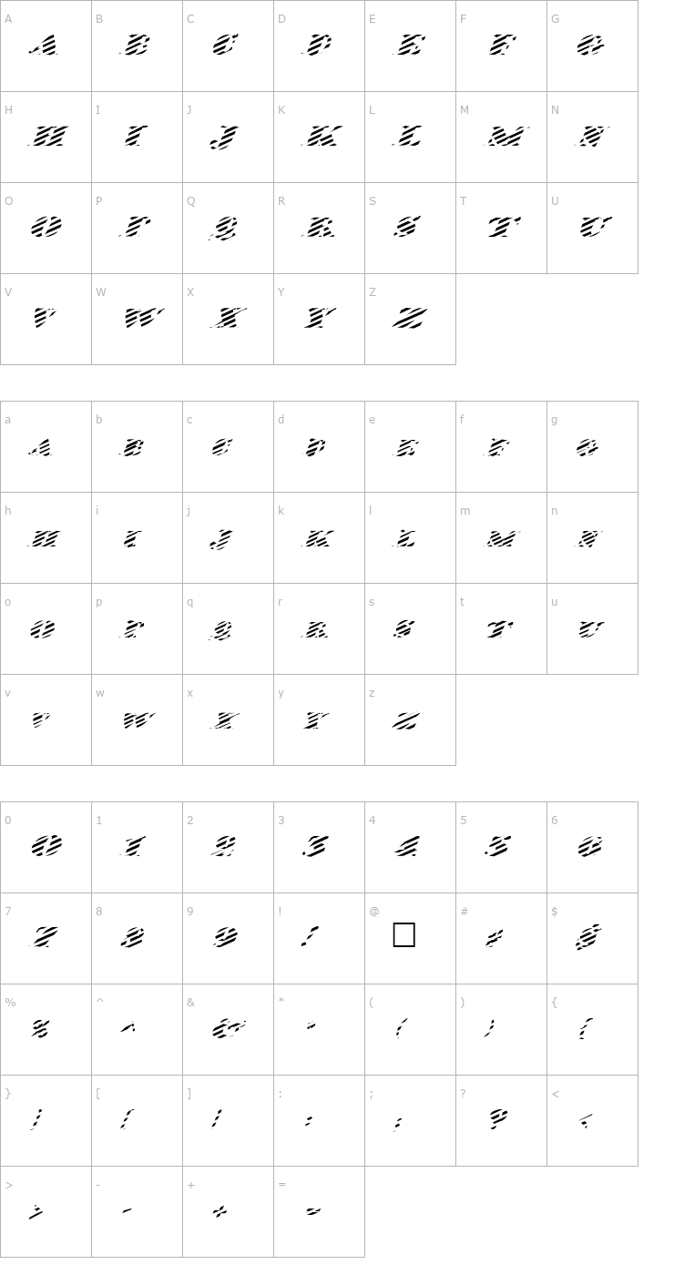 Character Map FZ JAZZY 38 STRIPED ITALIC Font