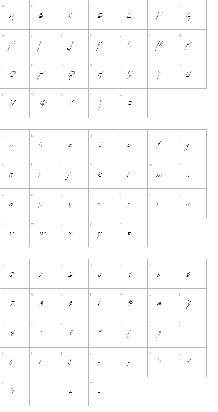 Character Map FZ JAZZY 45 HOLLOW ITALIC Font