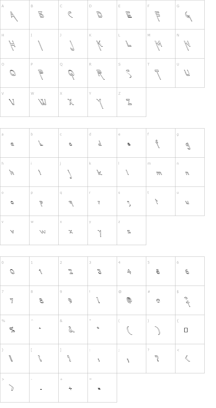 Character Map FZ JAZZY 45 HOLLOW LEFTY Font