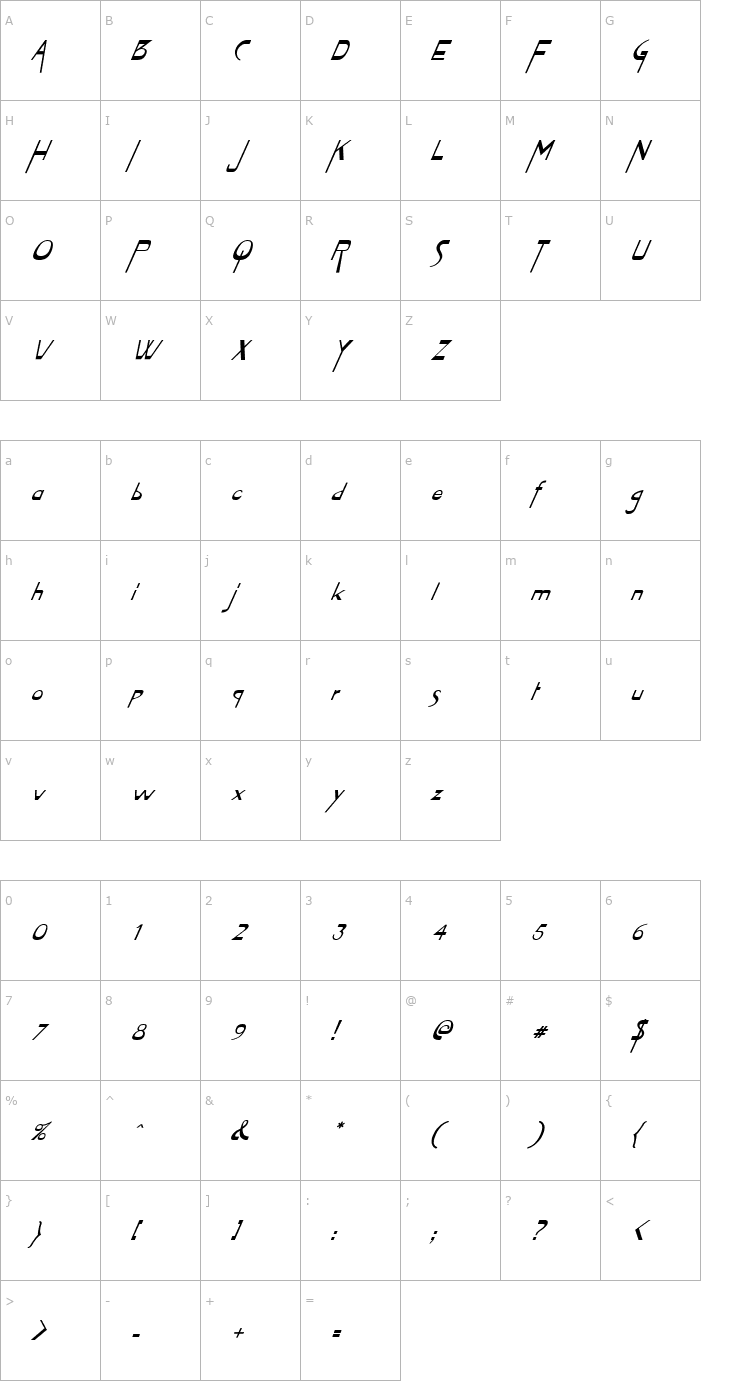 Character Map FZ JAZZY 45 ITALIC Font