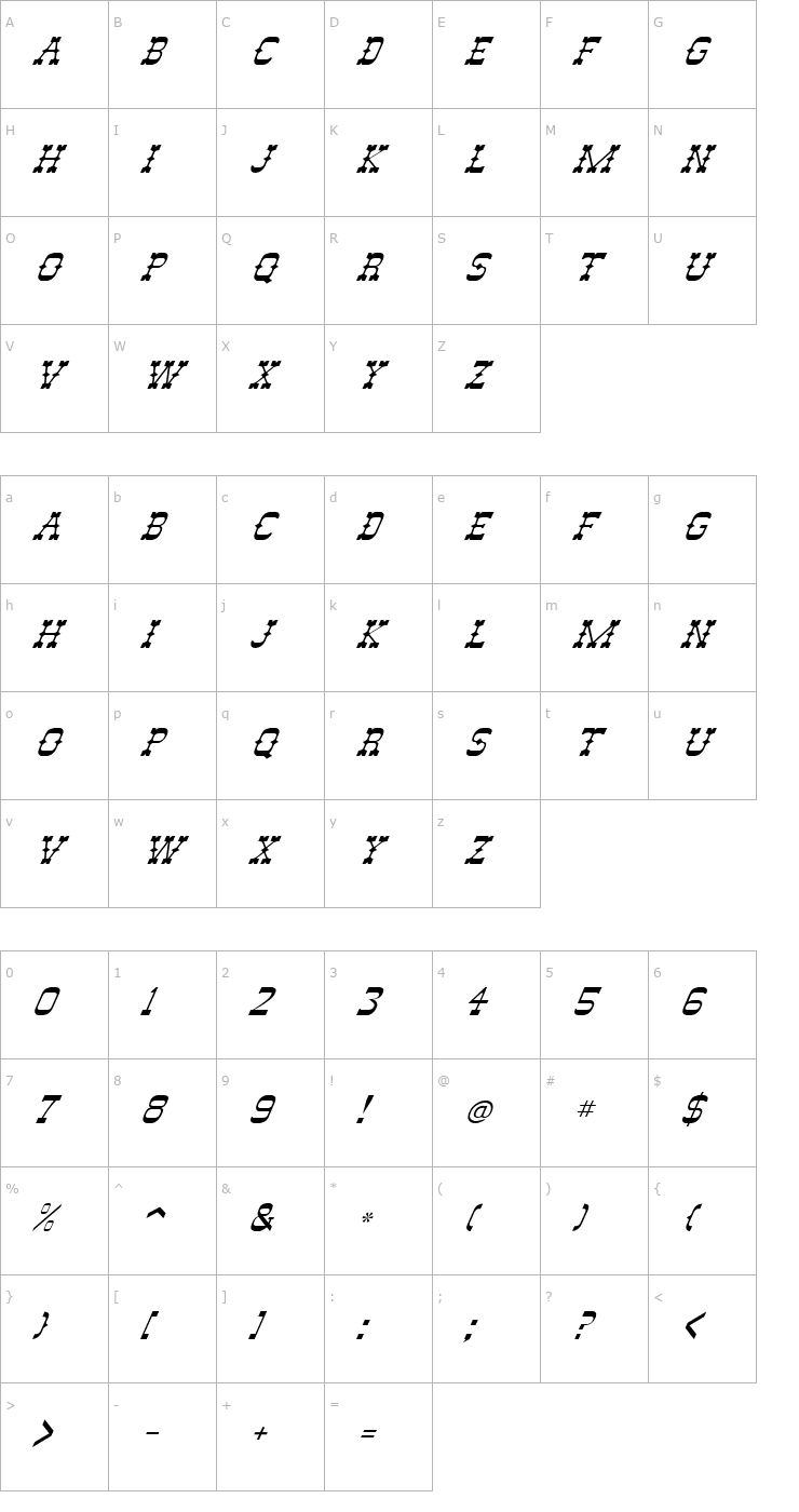 Character Map FZ JAZZY 46 ITALIC Font