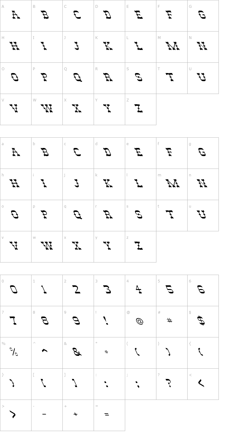 Character Map FZ JAZZY 46 LEFTY Font