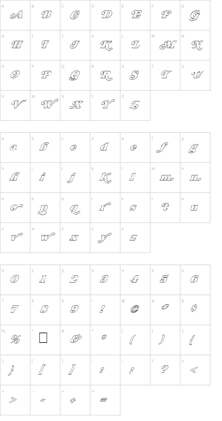 Character Map FZ JAZZY 47 HOLLOW ITALIC Font
