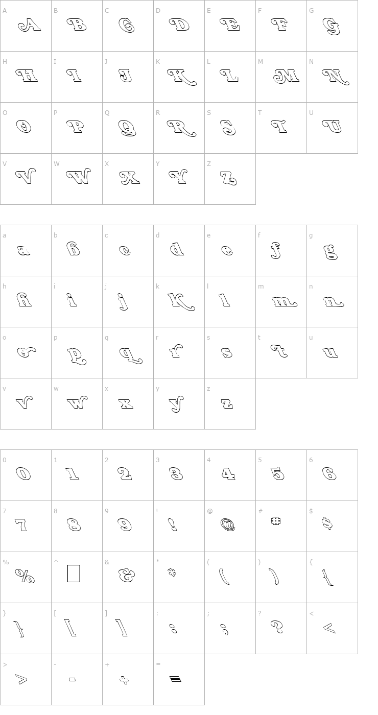 Character Map FZ JAZZY 47 HOLLOW LEFTY Font