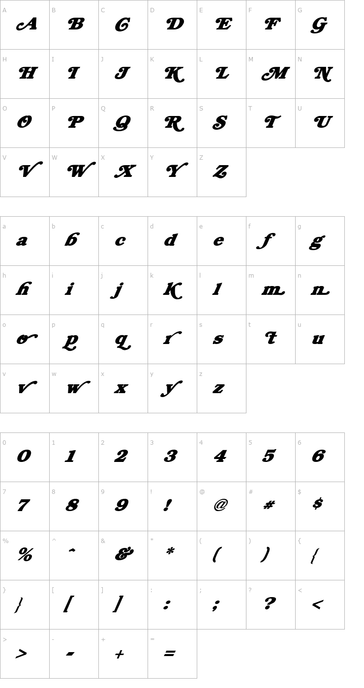 Character Map FZ JAZZY 47 ITALIC Font