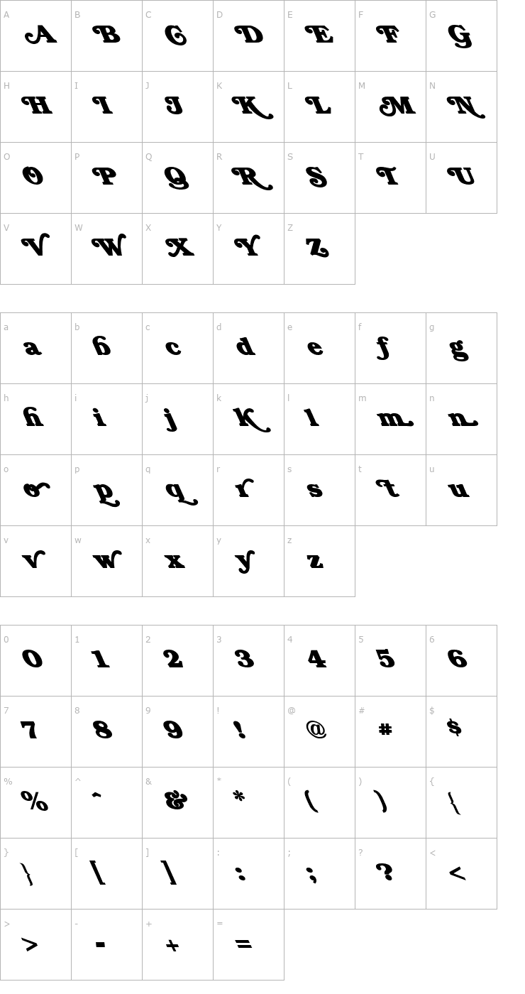 Character Map FZ JAZZY 47 LEFTY Font