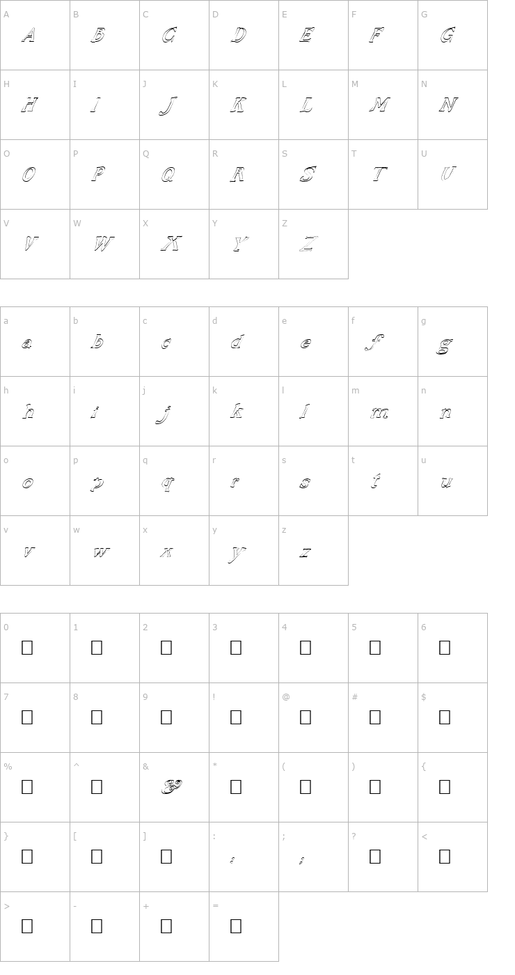 Character Map FZ JAZZY 48 HOLLOW ITALIC Font