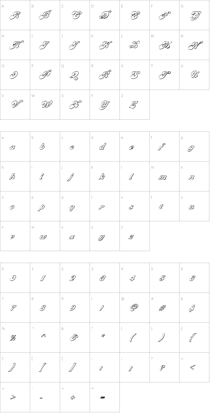 Character Map FZ JAZZY 49 3D ITALIC Font