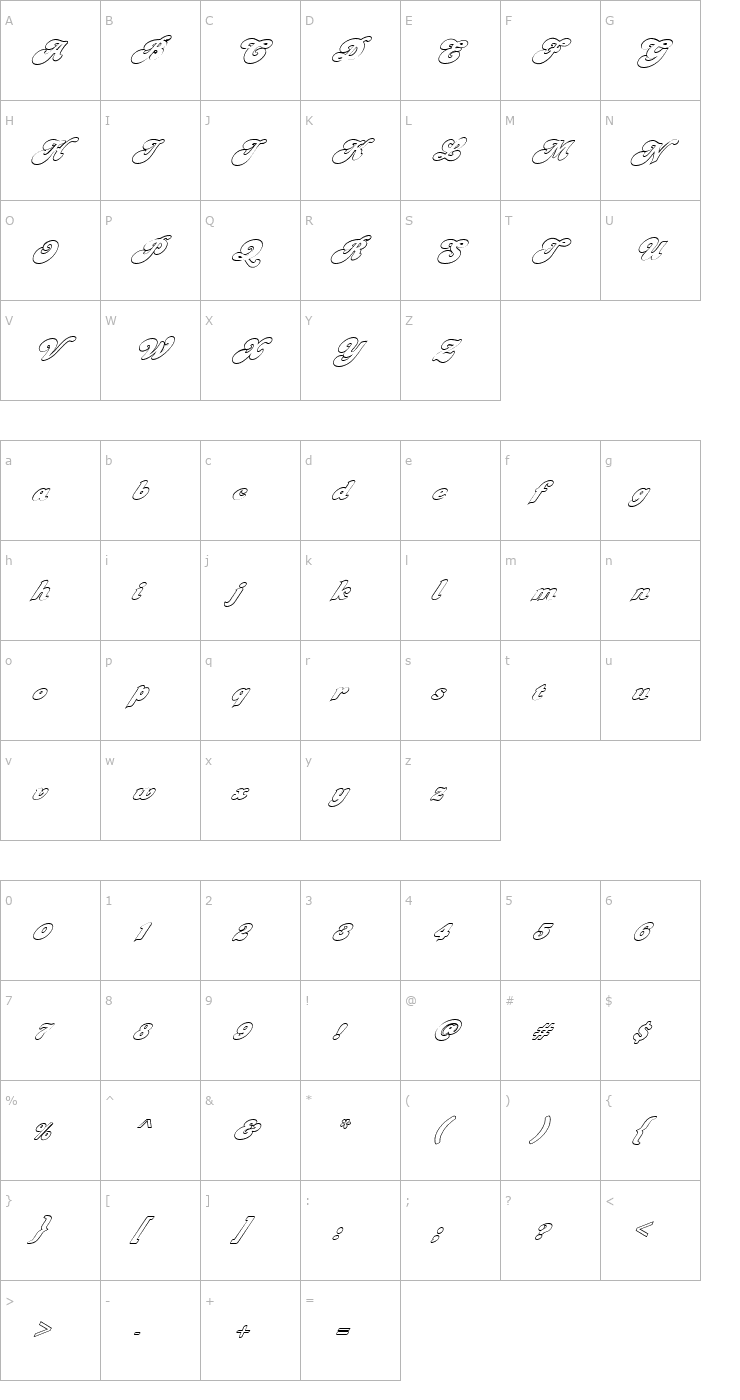 Character Map FZ JAZZY 49 HOLLOW ITALIC Font