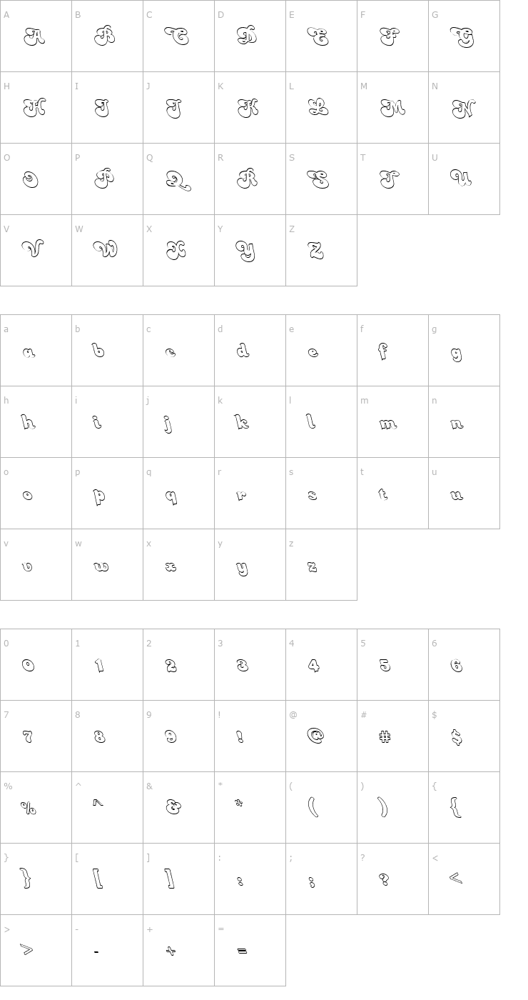 Character Map FZ JAZZY 49 HOLLOW LEFTY Font