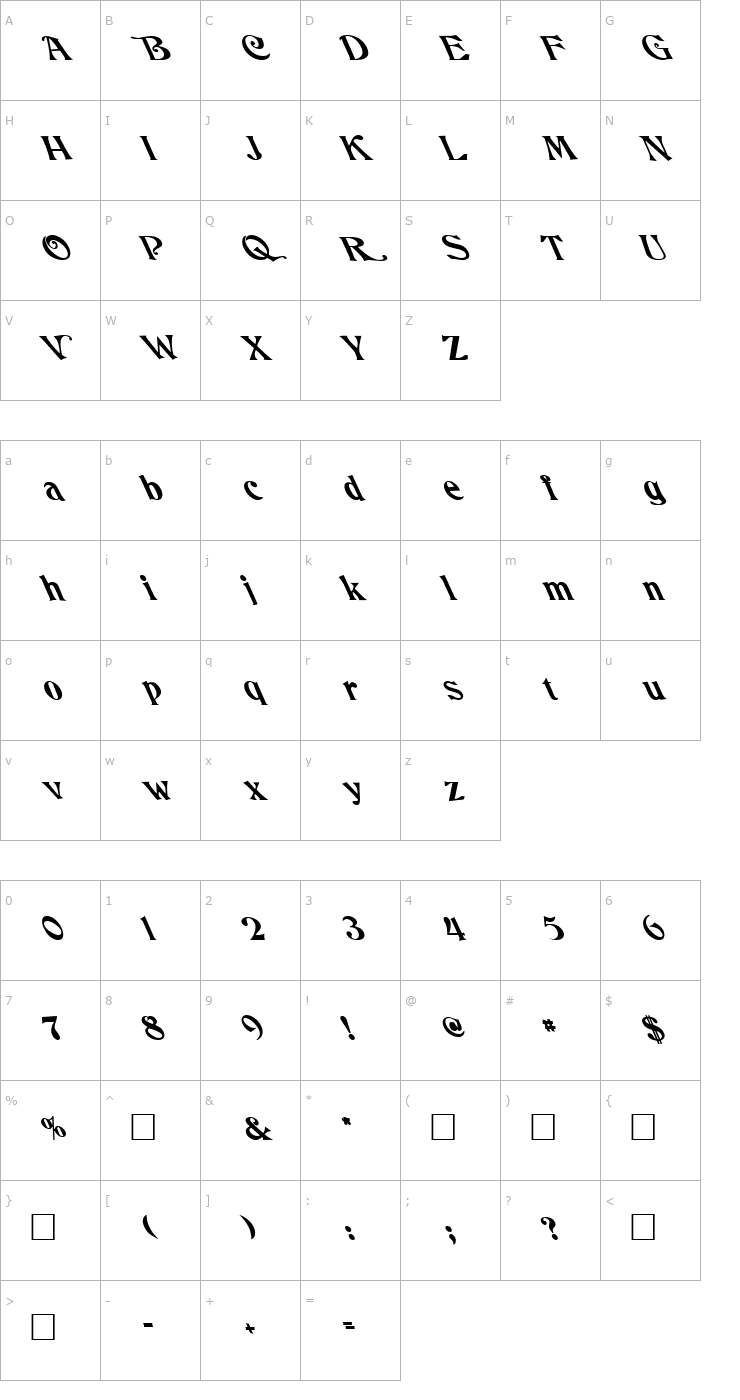 Character Map FZ JAZZY 50 LEFTY Font