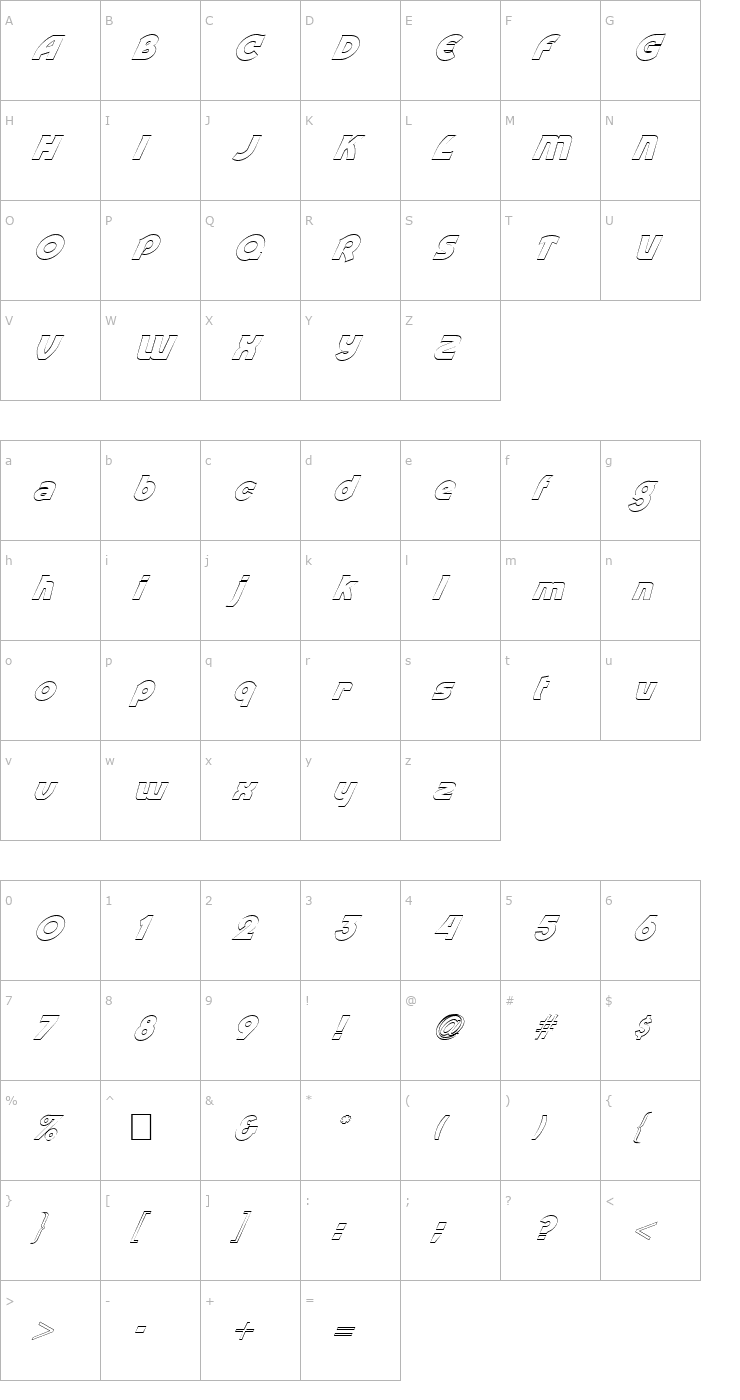 Character Map FZ JAZZY 52 HOLLOW ITALIC Font