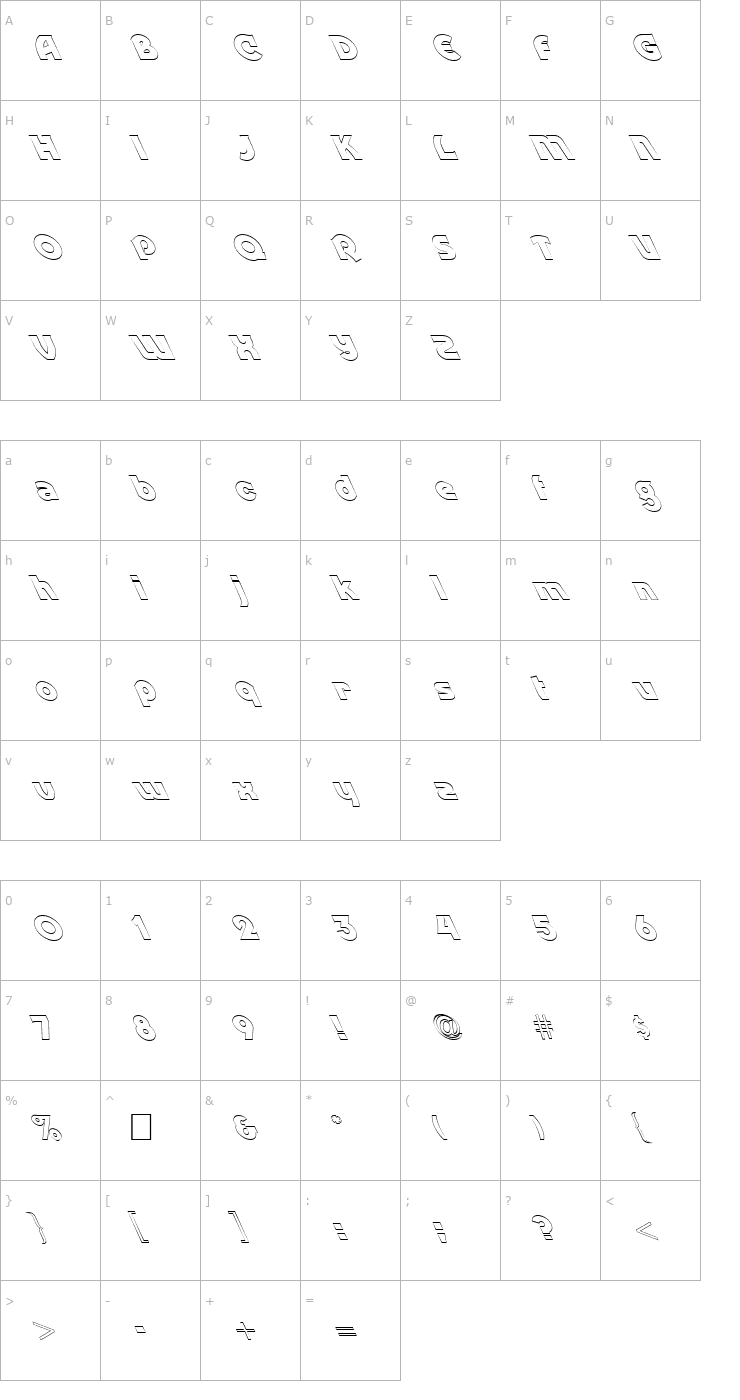 Character Map FZ JAZZY 52 HOLLOW LEFTY Font