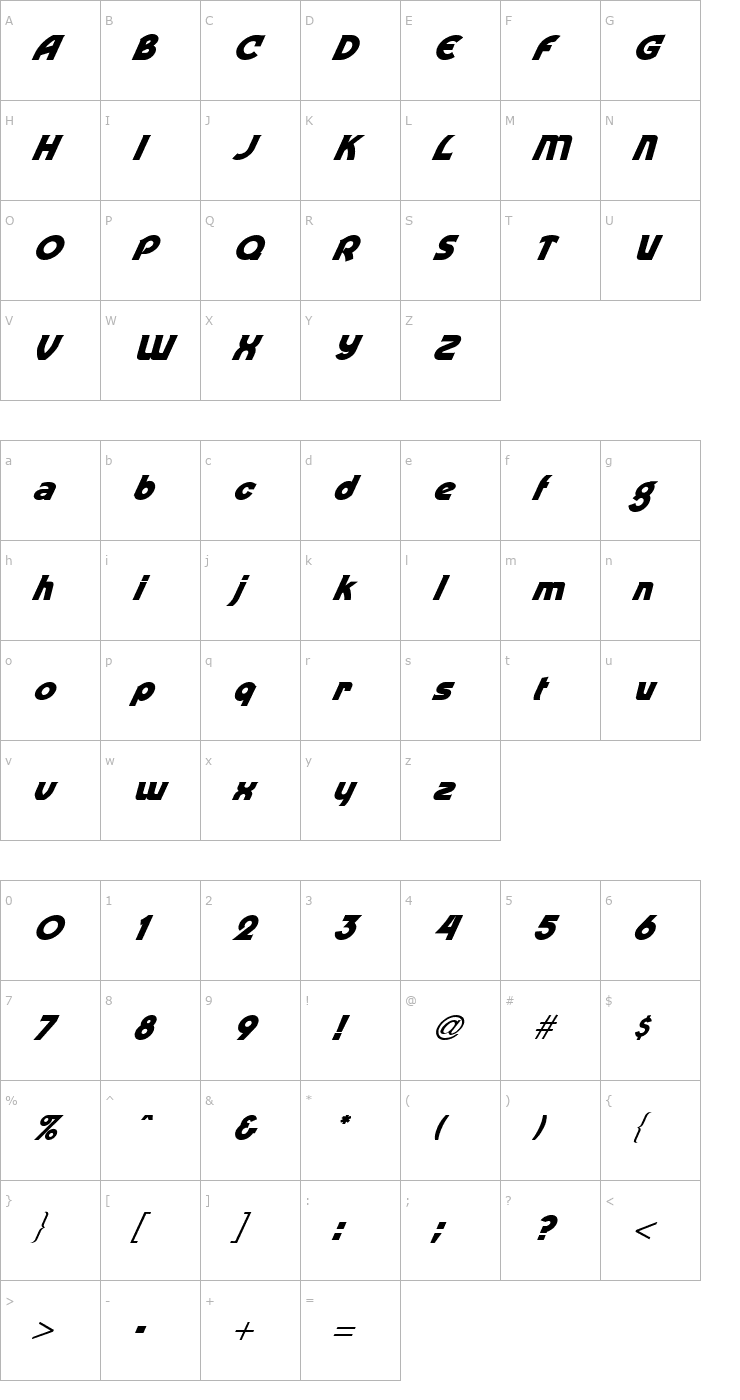 Character Map FZ JAZZY 52 ITALIC Font