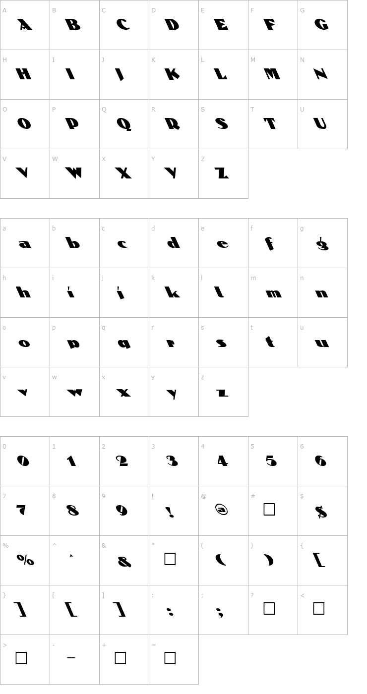 Character Map FZ JAZZY 53 LEFTY Font