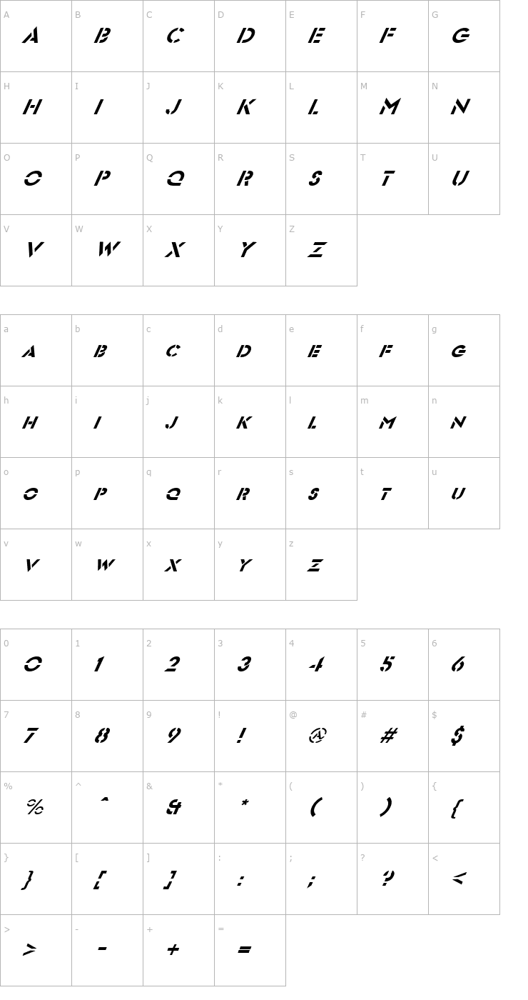 Character Map FZ JAZZY 54 ITALIC Font