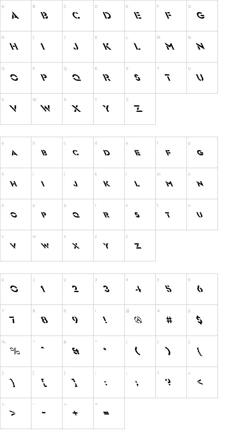 Character Map FZ JAZZY 54 LEFTY Font