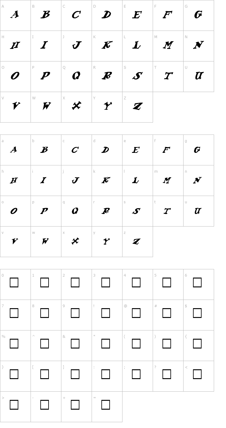 Character Map FZ JAZZY 55 ITALIC Font