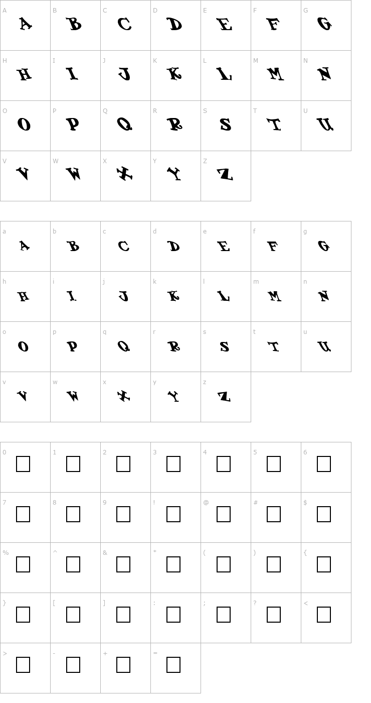 Character Map FZ JAZZY 55 LEFTY Font