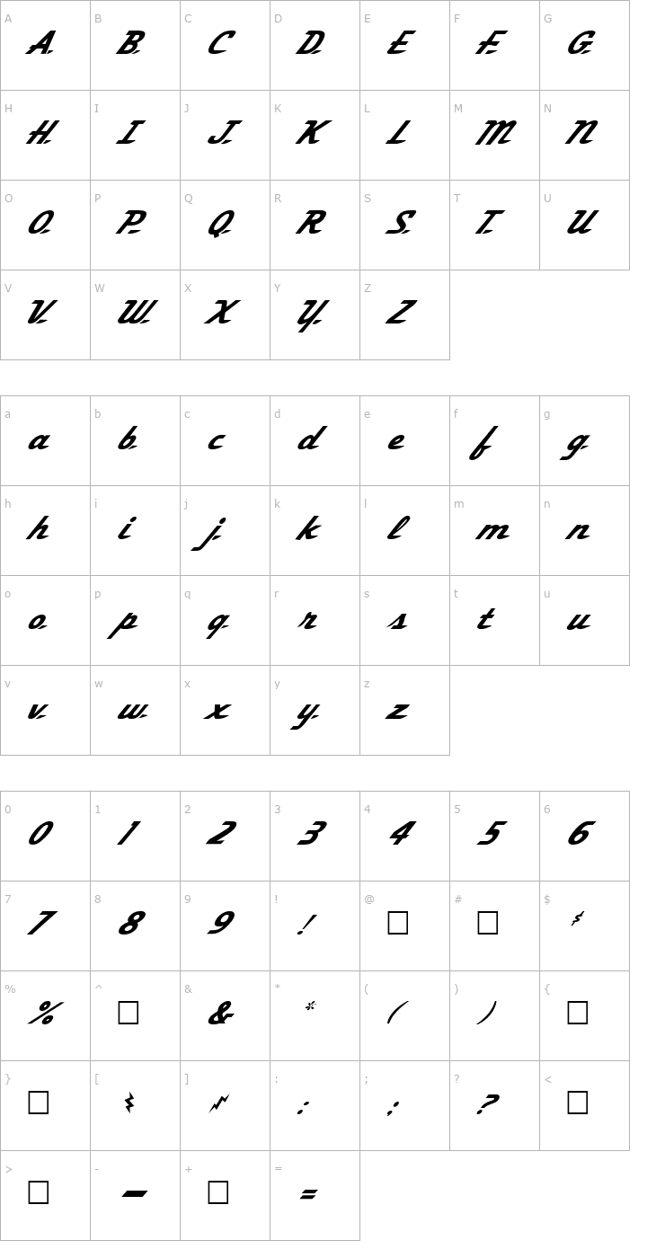 Character Map FZ JAZZY 58 ITALIC Font