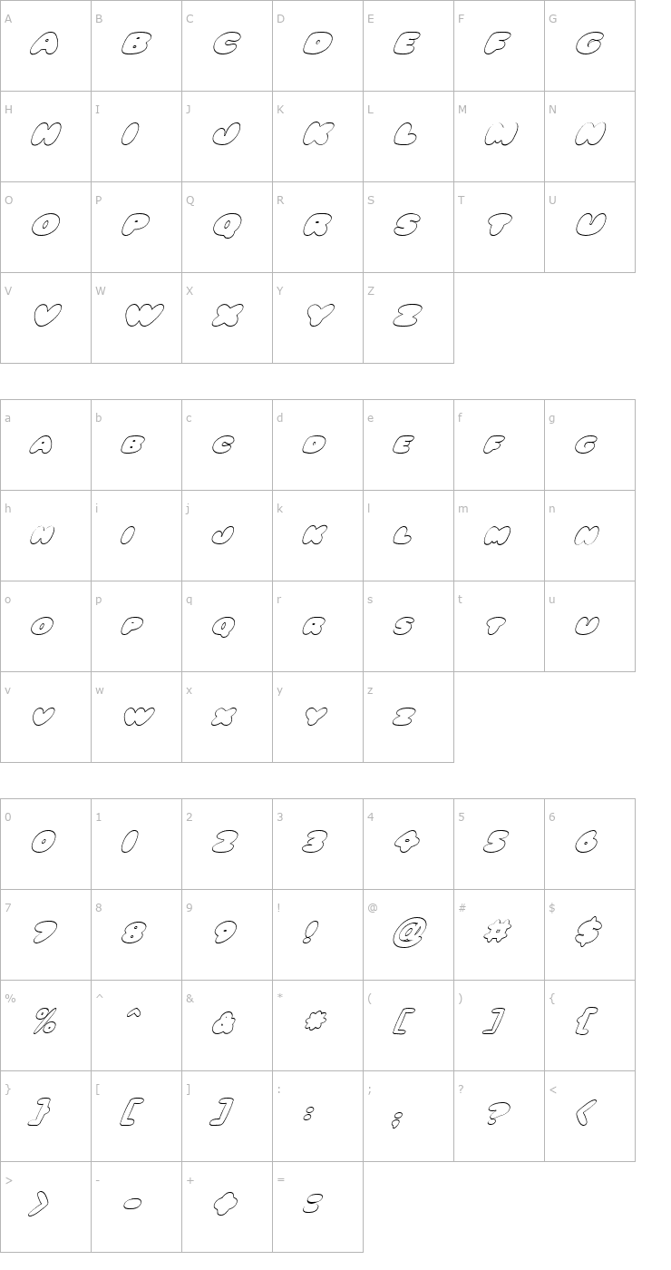 Character Map FZ JAZZY 59 HOLLOW ITALIC Font
